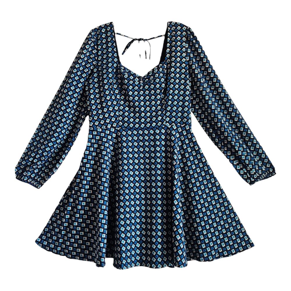 BAND OF THE FREE BOG L Dress Genevieve Teal Diamond Smocked Back Fit & Flare NEW